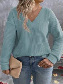 EMERY ROSE Women's V-Neck Layered Neon Color Long Sleeve Plus Size T-Shirt, Autumn/Winter - Mint Blue - View 4