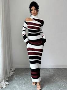 SHEIN Elenzya Elegant Casual Multi-Color Striped Turtleneck Waist Fitted Knit Sweater Dress For Women, Suitable For Commuting, Autumn/Winter - Burgundy - View 4