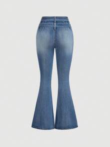 SHEIN MOD Jeans a zampa di elefante casual lavati con cintura per donna - Blu - Visualizzare 2