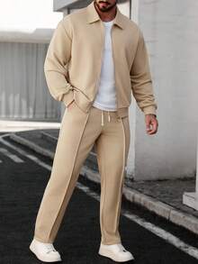 Manfinity CasualCool Bộ đồ thường ngày cho nam có áo khoác nam màu trơn có khóa kéo phía trước và quần có dây rút ở eo - Màu Khaki - Xem 4