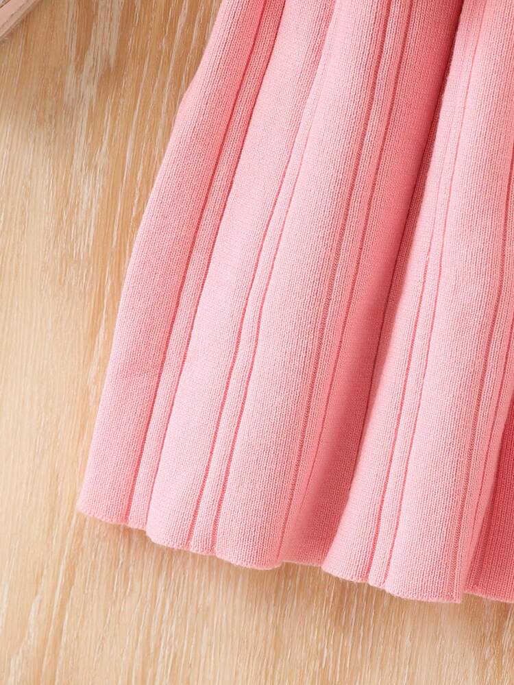 Sparklyn 女童针织连衣裙，翻领设计，提花纹理图案，围巾装饰，时尚百搭，都市风，柔和水彩低饱和度纯色，面料舒适，适合秋冬季穿着。 - 粉色 - 查看 3