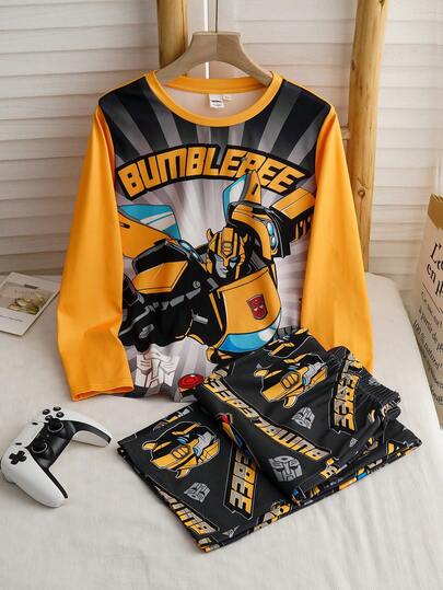 Transformers X SHEIN 两件套男童休闲时尚字母机器人图案圆领长袖上衣和裤子针织宽松舒适阻燃睡衣套装