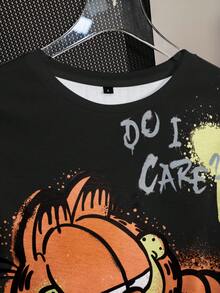 GARFIELD | SHEIN Camiseta de mujer de manga corta con cuello redondo y estampado de gato, informal y de verano - Blanco - Ver 4