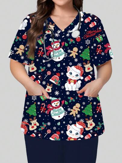 PopScrub 加大码圣诞节海军蓝V领短袖双口袋侧开衩可爱姜饼人、小猫、驯鹿、手套、儿童、圣诞帽、圣诞树、雪花卡通印花护士/医生工作服上衣/检查手术服/女士纯色宠物美容工作服上衣/营养师工作服短袖/实验室工作服，多口袋功能性工作服