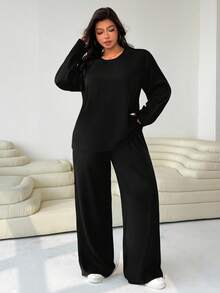 SHEIN EZwear Damen Große Größen 2 Stücke Set: Locker sitzendes Rundhals T-Shirt und gerade geschnittene Hose - Schwarz - Übersicht 4