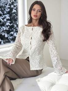 Firerie 女士优雅精致浪漫约会通勤新款纹理面料长袖杏色衬衫，秋冬款 - 杏色 - 查看 2