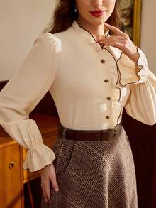 Vintamour Vintage Classic Elegant Women's Blouse, Autumn/Winter Fitted Contrast Color Blouse With Frill Trim, Long Sleeve Apricot Blouse