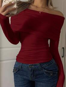 SHEIN EZwear 1件装女士针织纯色极简露肩T恤，日常穿着，红色上衣，圣诞节深红色上衣，女士红色上衣，圣诞节 - 酒紅色 - 查看 3