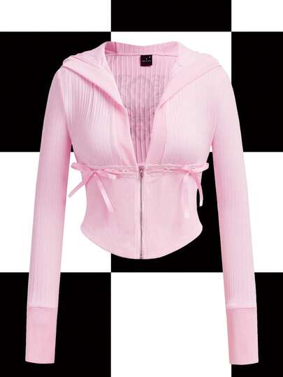 Y2Kool Maria Clara Maia Pastel Pink Y2K Girly Lace Bow Streetwear Casual Knit Ribbed Fitted Zip-Up Hoodie Jacket For Women, Suitable For Autumn/Winter Parties, Gatherings, And Daily Wear Pink Jacket Pink Clothes Women Pink Y2k Top Light Pink Hoodies For Women Zip Up