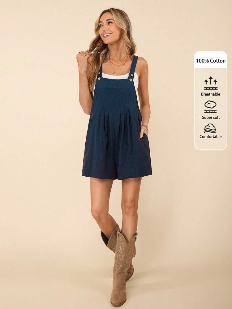 Women's Solid Color Pleated Pocket Loose Casual Romper