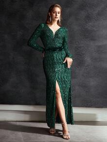 MOTF Soiréza WOMEN'S SEQUINS EMBROIDERED BOW DECOR PARTY COCKTAIL DRESS - Green - View 4