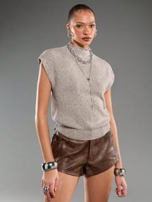 Normani Elegant High Neck Loose Casual Versatile Sleeveless Knit Sweater Vest Going Out Tops Women,Tops For School In Fall/Winter - Apricot - View 5