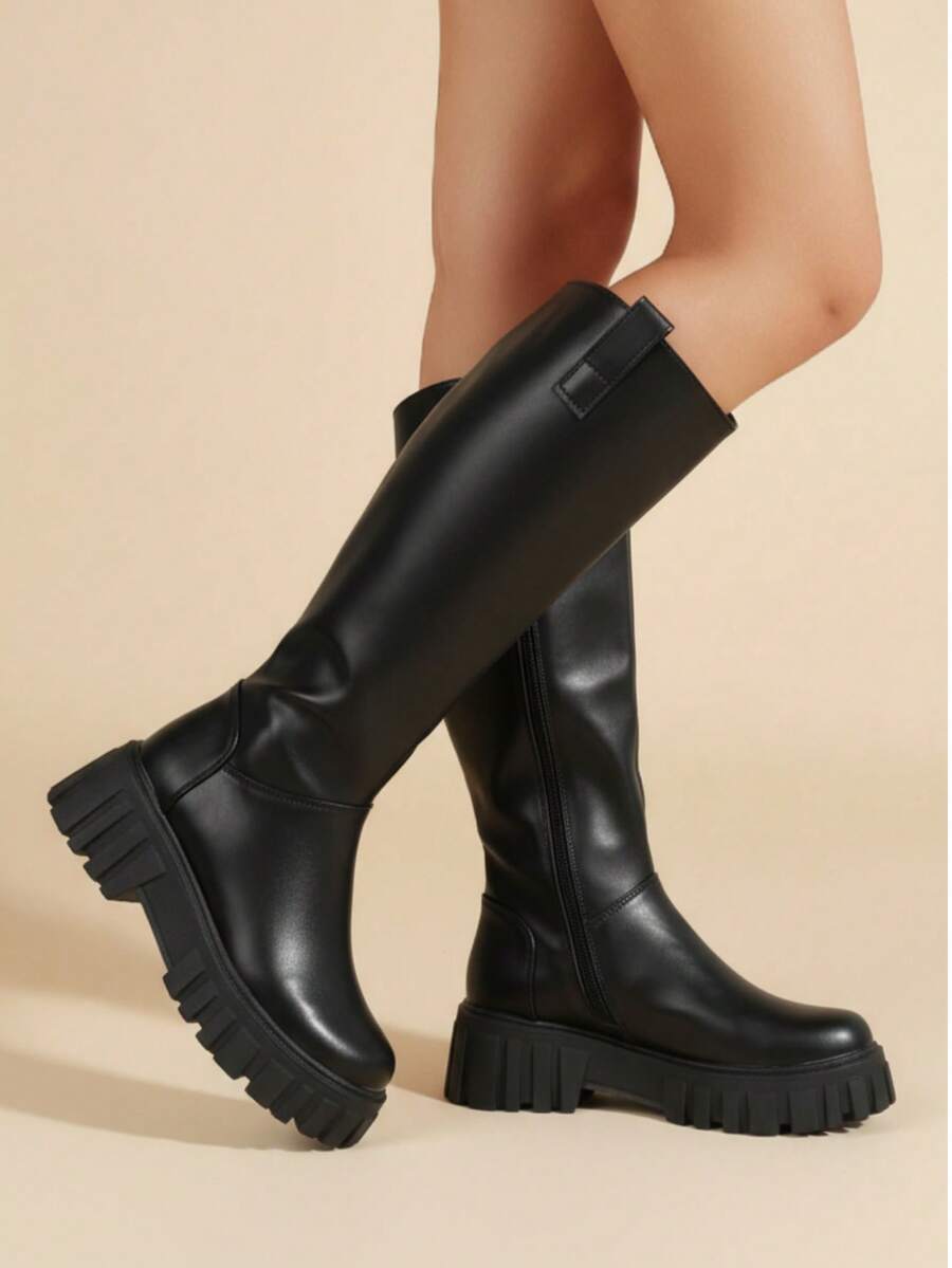 Bota alta femenina con suela gruesa antideslizante, punta redonda, cierre lateral, estilo minimalista urbano para diario - Negro brillante - Ver 1