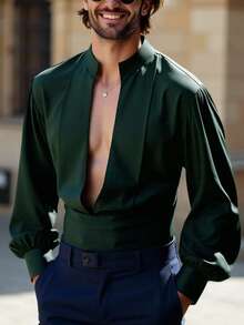 Manfinity AFTRDRK Men's Solid Deep V-Neck Fashionable Sexy Long Sleeve Shirt Sexy Men Shirt Men Green Dress Shirt Green Button Up Men's Dress Shirt Puffed Sleeve Shirt Dark Green Shirt Boyfriend/Husband Gift, Anniversary Gift Party Christmas - Dark Green - View 1