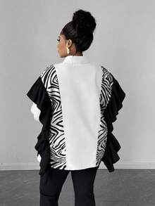 Maweii Plus Size Women Patchwork Zebra Print Ruffle Hem Loose Fashion Blouse - White - View 3