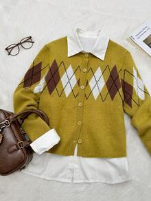 SHEIN Unity Áo khoác cardigan dệt kim cổ tròn, cài cúc đơn, họa tiết hình thoi màu xanh lá cây lấy cảm hứng từ rau củ muối chua, mẫu mới Xuân/Hè 2026, thích hợp mặc đi làm và dạo phố. - xanh quân đội - Xem 4