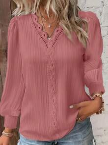 Plus Size Women's Casual Vacation Style Simple Solid Color V-Neck Lace Patchwork Lantern Sleeve Loose Blouse, Spring/Autumn - Pink - View 1