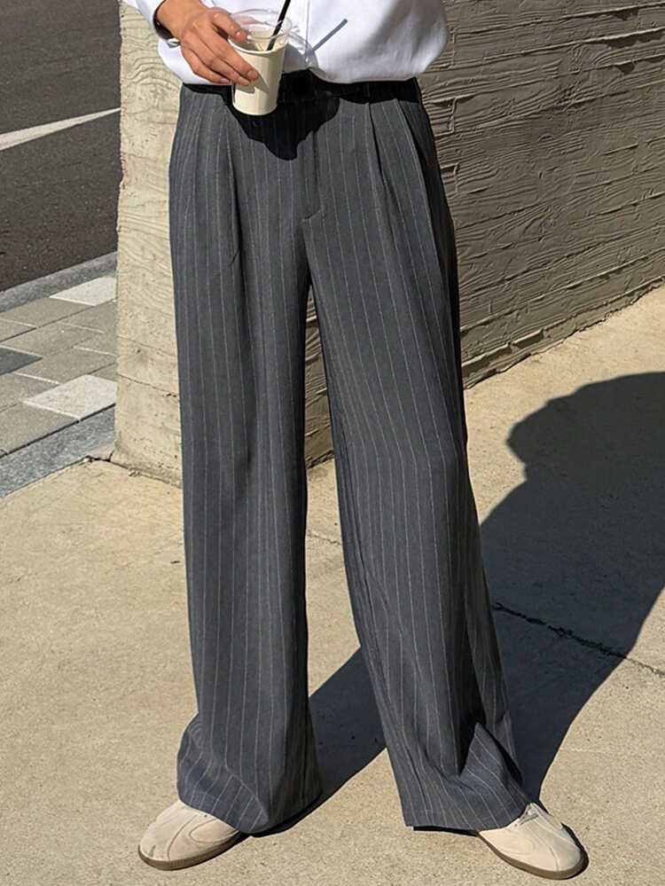 Men's Striped Dark Grey Suit Pants, Suitable For Commuting In Autumn