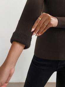 Chiquease Women's Solid Color Round Neck Long Sleeve Casual Fleece Sweater, Autumn/Winter - Coffee Brown - View 5