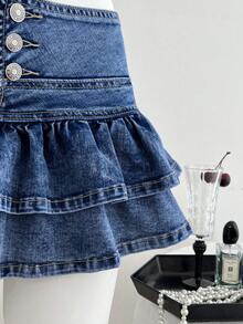 Elamini Chân váy denim mini viền bèo nhún màu trơn dành cho nữ - Rửa nhẹ - Xem 6