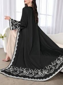 SHEIN Najma Women's Leaf Digital Print Long Sleeve Casual Arabic Abaya Robe, Spring/Autumn - Multicolor - View 3