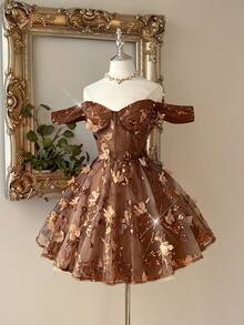 Lovelzi Váy peplum chữ A hở vai, chất liệu voan thêu hoa 3D, kiểu dáng thanh lịch, lãng mạn, dễ thương, màu xanh lá cây, sang trọng, thích hợp cho tiệc tốt nghiệp, đám cưới, sinh nhật, tiệc người lớn, tiệc độc thân, tiệc dạ tiệc trang trọng - màu nâu - Xem 7