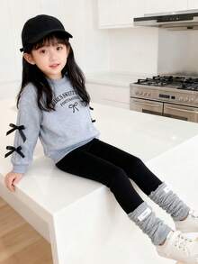 Young Girl Slogan Print Bow Decor Long Sleeve Sweatshirt And Pants Casual Outfit - Grey - View 5
