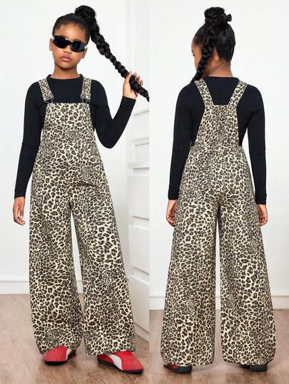 SHEIN Tween Girls' Y2K Fashionable Leopard Print Denim Overalls,Fall Kid's Casual And Comfortable Wear,2000s Style,Back To School Clothes,Fall Winter Clothes, Toddler Girl Leopard Overall,Girls Fall Winter Back To School Homecoming Jeans Jumpsuit,Girls Pants Streetwear Vintage Outfits,Comfortable And Versatile, For 8-12 Years Old Girls, Suitable For School, Home And Travel