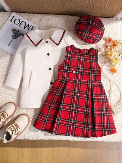 SHEIN 3件套 女童可爱两件套：背带连衣裙和撞色长款连帽开衫套装