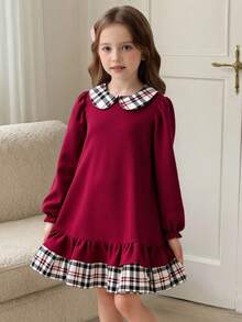 少女酒红色二合一连衣裙！格纹彼得潘领搭配泡泡袖，融合复古魅力与甜美气息；双层裙摆更添层次感。柔和的色调完美契合秋季，无论是上学还是外出，都能展现优雅气质，精致的细节设计更是锦上添花。秋季理想之选。 - 紅色 - 查看 7