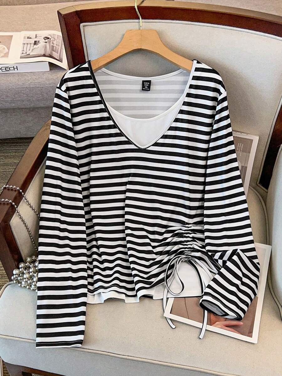 GlowEve CURVE Camiseta de punto de manga larga con diseño de rayas y costuras para salir, de corte ajustado, para mujer talla grande