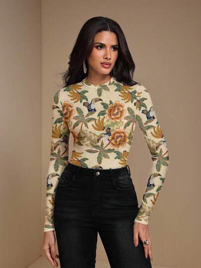 Glamance Studio Sense Women's Vintage Print Turtleneck Elegant T-Shirt, Suitable For Party, Winter