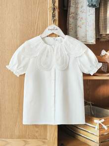 SHEIN Vintaside Kids Girls' White Lace Collar Short Sleeve Blouse, Fashionable Versatile Casual Shirt, Comfortable And Stylish For Daily Wear - White - View 3