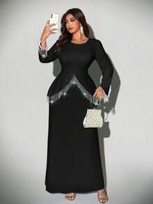 Viva Relle Plus Size Women's Elegant Romantic Detailed Round Neck Long Sleeve Pearl Tassel Decor Fishtail Dress, Autumn/Winter Fall - Black - View 1