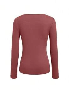 EMERY ROSE Áo thun nữ tay dài màu trơn đơn giản, đa năng - Màu Hồng  Dưa hấu - Xem 2