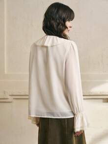 Cévolie 女士荷叶边领雪纺长袖米色衬衫 - 米色 - 查看 2