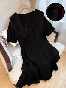 SHEIN Clasi 大码彼得潘领泡泡袖休闲度假连衣裙 - 黑色 - 查看 1