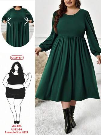 SHEIN CURVE+ Plusstorlek damklänning i enfärgad, rund halsringning, långärmad, avslappnad klänning med texturerat tyg, grön enfärgad julklänning, höstklänning