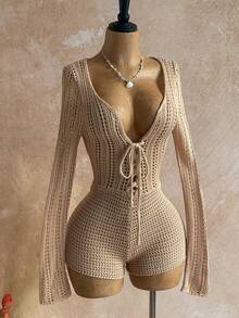 Soleia 性感吊带V领镂空金属海星紧身连体裤，度假吊带露背系带连体裤，适合假日、音乐节、波西米亚风、海滩度假、秋冬季穿着。 - 卡其色 - 查看 6