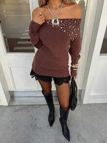 Siren Gaze Casual Fashionable Sexy Off Shoulder Long Sleeve Women Sweater Winter Brown - Brown - View 4
