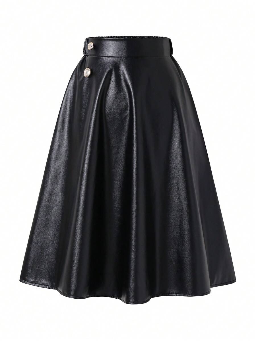 Sparklyn 女童黑色仿皮高腰A字中长裙：复古赫本风格，伞状开衩设计，镶嵌水钻纽扣，松紧腰带，适合休闲和正式场合，舒适的PU面料，是秋冬季的完美之选。 - 黑色 - 查看 1
