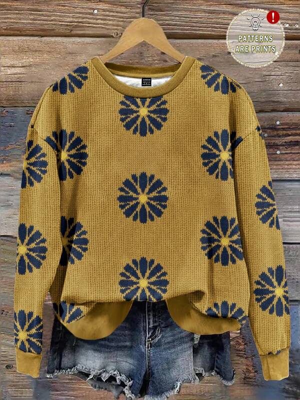 Mellowie Sudadera holgada de mujer con cuello redondo, estampado de margaritas azules sobre base amarilla de piel sintética, estilo minimalista casual, apta para otoño/invierno