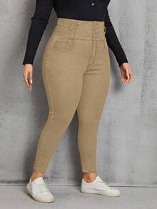 EMERY ROSE Celana Jeans Kasual Skinny Pinggang Tinggi Ukuran Plus Warna Polos - Khaki - View 4