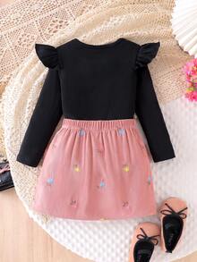 SHEIN Elladie kids 小女孩可爱休闲短袖罗纹上衣和刺绣半裙套装，舒适甜美 - 黑色 - 查看 2