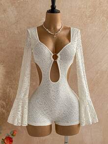Soleia Bộ đồ liền thân ren gợi cảm cổ loe tay lỡ hở vai cho nữ - trắng - Xem 3