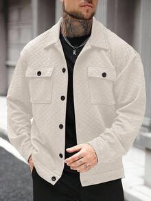 Manfinity Homme 男士加大码夹克，男士纽扣前开襟长袖口袋简约夹克，休闲日常穿着，男士夹克，秋冬款男士夹克，男友礼物，保暖长袖休闲外出夹克，男士黑色夹克，男士休闲夹克，男士衬衫式纹理夹克，男士宽松夹克，男士口袋夹克，男士衬衫式夹克，男士夏季夹克，男士休闲夹克 - 杏色 - 查看 3