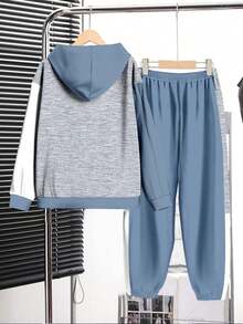 2pcs Tween Boy Casual Minimalist Long Sleeve Hoodie Set, Comfortable For Autumn/Winter, Classic Stylish Color Block Patchwork, NYC Graphic Print - Multicolor - View 3