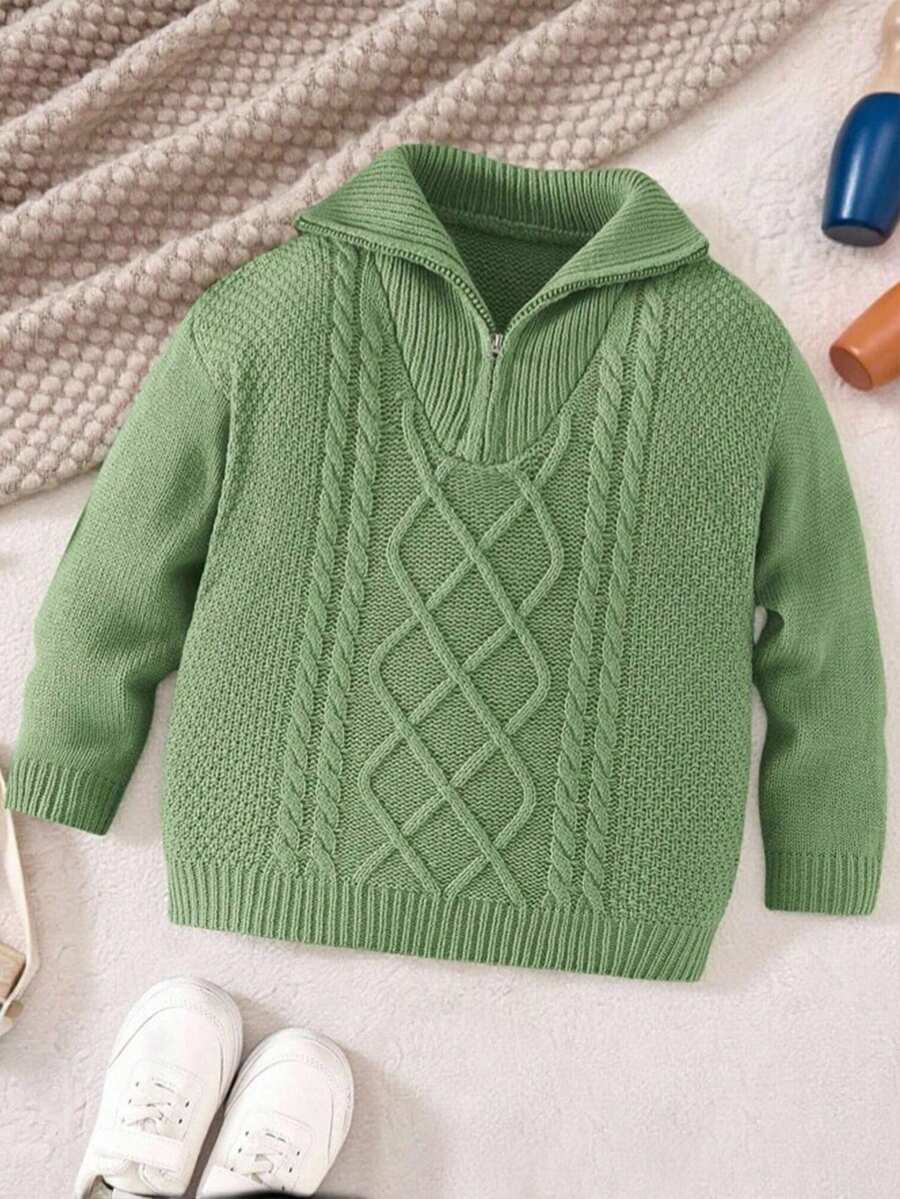 SHEIN Young Boy's Loose Fit Collared Long Sleeve Pullover Sweater Fall Winter - Green - View 1