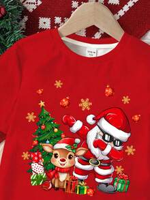 SHEIN 男童休闲经典圣诞保暖舒适卡通鹿圣诞图案圆领宽松短袖T恤，适合秋冬季穿着 - 彩色 - 查看 5