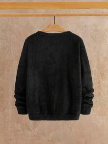 Manfinity VCAY Men's Letter Embroidered Crew Neck Long Sleeve Casual Fleece Sweatshirt Men Sweatshirts Black Sweatshirt Black Graphic Sweater Fluffy Sweatshirt Crew Neck Pullover - Black - View 2